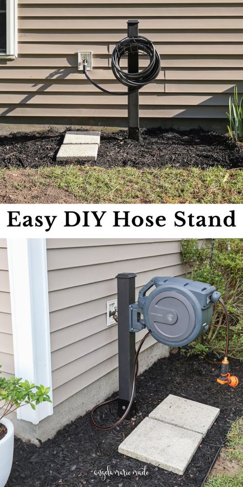 Learn how to build a DIY hose stand for a standard hose or a retractable hose reel and learn how to upgrade your hoses! This DIY garden hose holder is an easy outdoor DIY project! Garden Hose Holder Diy Ideas, Garden Hose Spigot, Easy Outdoor Diy, Hose Stand, Retractable Hose Reel, Retractable Garden Hose Reel, Water Hose Holder, Garden Hose Storage, Garden Hose Holder