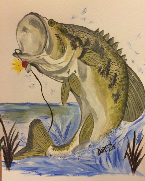 Bass Fish Painting Easy, Fishing Paintings Easy, Bass Fish Painting Acrylic Easy, Bass Painting Easy, Practice Doodles, Fish Painting Acrylic, Bass Painting, Dollar Painting, Swamp Scene