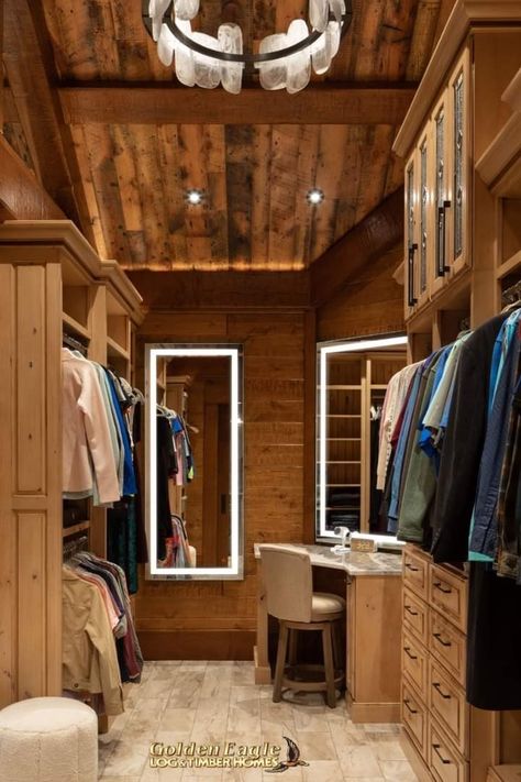 Walk In Closet With Vanity, Walk In Closet Vanity, Closet With Vanity, Maddys Room, Room Vision Board, Log And Timber Homes, Closet Dressing Room, Log Home Designs, Closet Vanity