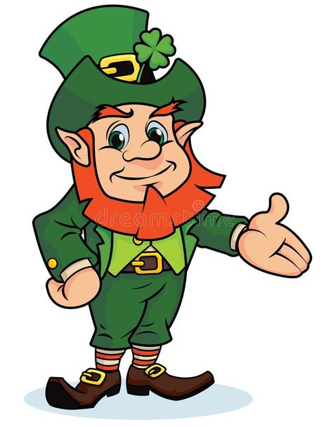 Happy Leprechaun With Arm Out. Happy, smiling, cartoon leprechaun with arm out presenting with black outlines isolated on a white background vector illustration Cartoon Leprechaun, Leprechaun Art, Leprechaun Pictures, Cartoon Present, Bunting Template, St Patricks Day Wallpaper, St Patricks Crafts, Pot Art, Calendar March