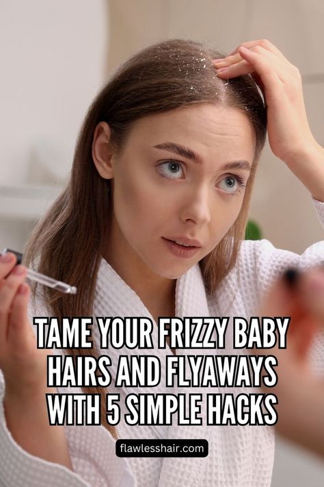 Illustration depicting ways to tame frizzy baby hairs and flyaways with 5 simple hacks, showcasing sleek and controlled hair. Bun Hairstyle, Frizzy Hair Remedies, Frizzy Hair Tips, Waterfall Braid Hairstyle, Bob Hair Color, Wispy Hair, Hair Fixing, Unruly Hair, Slicked Back Hair