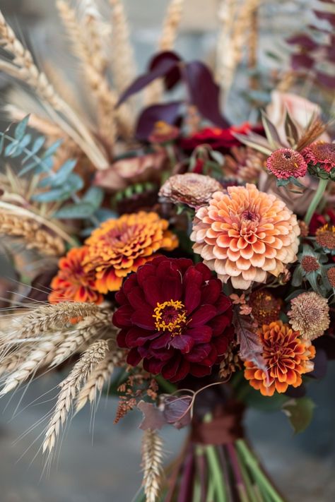 Bouquets for fall weddings capture the season's essence through their lush, warm colors and rustic appeal. These floral creations add a romantic, earthy vibe, enhancing the enchanting atmosphere of any autumn celebration. Vintage Fall Wedding Bouquet, Fall Wedding Table Flowers October, Fall Natural Wedding, Fall Wedding Colors October Floral Arrangements, Pussywillow Bouquet Wedding, Fall Peonies Bouquet, Rustic Wedding Bouquet Fall Color Schemes, Fall Colored Bouquets, Fall Floral Swag