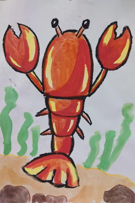 Simple Lobster Drawing, Lobster Painting Easy, Lobster Drawing Simple, Sea Animals Preschool, Lobster Crafts, Lobster Drawing, Holi Drawing, Art Camp Projects, Festival Drawing