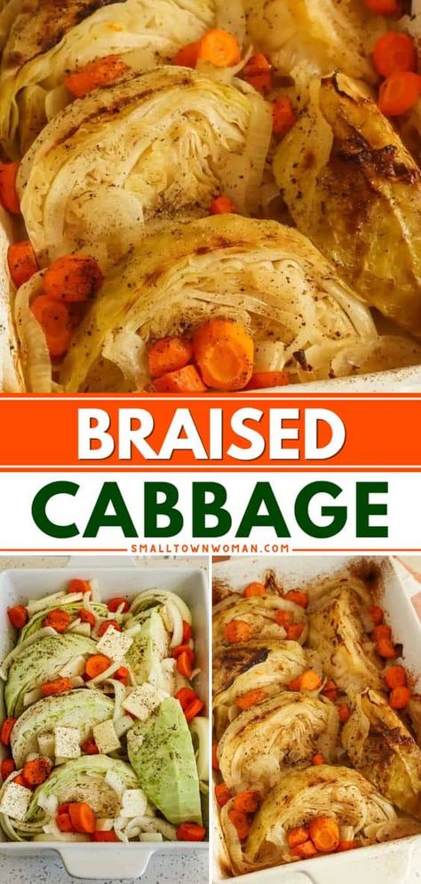 Give this simple veggie recipe a try! Made with carrots, onions, seasonings, plus a splash of vinegar, this oven braised cabbage is a tasty vegetable side dish for dinner. Pin this for later! Braised Cabbage And Carrots, Recipe With Carrots, Cabbage Dishes, Celery Recipes, Veggie Recipe, Cabbage And Potatoes, Braised Cabbage, Vegetable Side Dish, Sunday Dinners