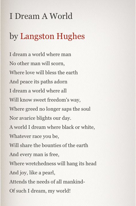 'I Dream A World,' Langston Hughes Dreams Langston Hughes, Langston Hughes Poetry, African American Literature, Langston Hughes, Beautiful Poetry, Poetry Inspiration, Prayer Room, Poetry Words, American Dream