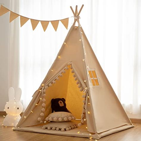 Teepee Tent for Kids Tent Indoor with Floor Mat,Carry Bag,Banner,Play Cottage with Star Light, Cotton Canvas Kids Teepee Tent for Girls & Boys, Pompom Ball Design, Foldable Teepee Tent for Kids Toddler Teepee, Indoor Tent For Kids, Play Cottage, Fabric Teepee, Toddler Tent, Play Teepee, Kids Sleepover, Tent For Kids, Indoor Tents