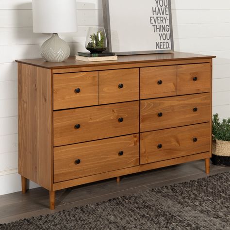 Walker Edison Mid-Century Modern 6-Drawer Solid Wood Dresser, Caramel - Walmart.com Dresser Brown, Kirkland Home Decor, Handle Hardware, Wardrobe Door Handles, Solid Wood Dresser, Wooden Storage Cabinet, Primitive Homes, Mid Century Modern Dresser, Wood Composite