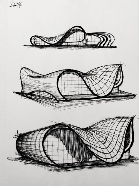 Zaha Hadid Inspired Architecture, Zaha Hadid Architects Sketch, Zaha Hadid Drawings Sketches, Arch Drawing Sketches, Architecture Drawing Inspiration, Sketches Houses Architecture, 3d Design Drawing, Architecture Drawings Sketches, 3d Perspective Drawing Architecture