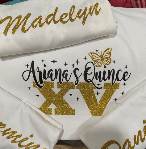 Personalized Quinceañera tees. Quince Shirts For Court, Quinceañera Shirts Ideas, Quinceanera Shirts For Court, Quince Tshirt Ideas, Quinceanera Squad Shirts, Damas And Chambelanes Outfits, Quince Shirts Ideas, Quinceanera Shirts, Quince Custom Shirts