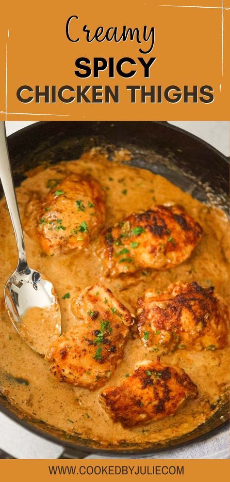 These creamy spicy chicken thighs are perfectly seasoned, juicy on the inside, and cook in under 20 minutes! I like to serve these with creamy mashed potatoes or garlic rice for a full meal. This is one of my favorite weeknight meals. It’s super easy to make, requires minimal ingredients, and it’s packed with flavor! And, you can easily adjust your spice level to your liking. Click through for all the details. Chicken Thigh Mashed Potatoes, Saucy Chicken Thigh Recipes, Creamy Chicken Thigh Recipes, Creamy Spicy Chicken, Spicy Chicken And Rice, Spicy Chicken Thighs, Birthday Chicken, Cheesesteak Sandwiches, Cast Iron Chicken