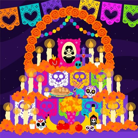 Dibujado a mano ilustración de altar de ... | Free Vector Dia De Los Muertos Party Ideas, Day Of The Dead Altar, Day Of The Dead Artwork, Dia De Los Muertos Decorations Ideas, Mexican Culture Art, Day Of The Dead Art, Day Of The Dead Skull, Bullet Journal Art, Birthday Board