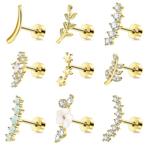 PRICES MAY VARY. CARTILAGE STUD EARRINGS:One Order Comes with 9Pcs 16G Stainless Steel Curved Cartilage Earrings Stud with Different Styles, Including Opal Cartilage Stud, CZ Cartilage Earrings, Flower Cartilage Stud, Leaf Cartilage Earrings and so on. Give You More Daily Choices. SUITABLE SIZE:Cartilage Stud Earrings Gauge: 16G (1.2MM), While There are Two Bar Length Available: 6MM Or 8MM. Common Sizes are Suitable for Most People, Perfect Cartilage Tragus Piercing, Fit for Women and Men. RELIA Cute Tragus Piercing Jewelry, Earrings For Helix Piercing, Cartlidge Earrings, Daith Ear Piercing, Conch Piercing Stud, Cartilage Stud Earrings, Flat Earrings, Ear Piercing Jewelry, Cool Ear Piercings