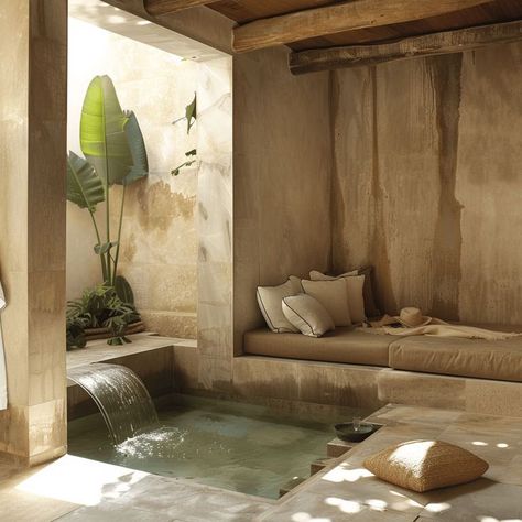 Relax and Rejuvenate in a Modern Oasis Sunken Bathroom, Spa At Home Ideas, Wabi Sabi Modern Interior, Cozy Daybed, Earthy Bathroom Ideas, Organic Bathroom Design, Bathroom Sink Ideas, Earthy Interiors, Zen Retreat