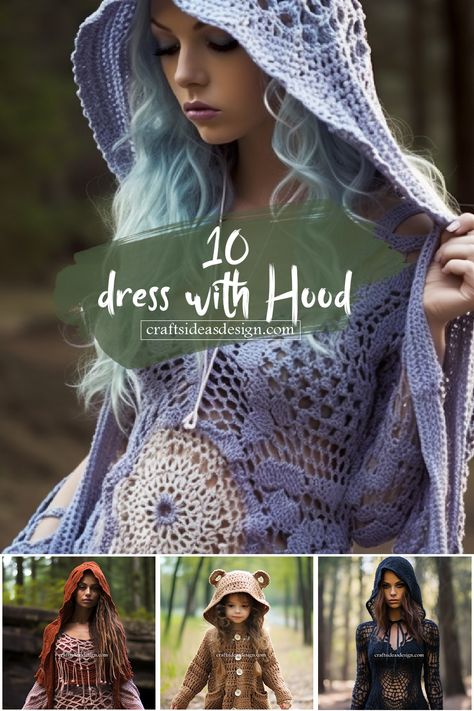 Celestial Goddess Hooded Crochet Dress #crochetdress #crochet #crochetideas #crochetamd #dress Witch Dress Pattern, Dress With A Hood, Fancy Dress Patterns, Mini Dress Pattern, Festival Crochet, Celestial Goddess, Hood Ideas, Crochet Costumes, Crochet Dress Pattern Free