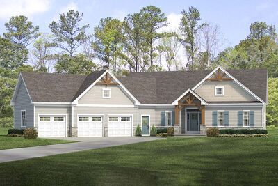 Timber-framed gables match the front porch on the exterior of this exclusive, country Craftsman house plan. The 3-car garage protrudes at a 45 degree angle and includes storage space. A coat closet greets you in the foyer, while straight ahead, an open-concept floor plan is revealed. The cathedral ceiling rises above the living spaces, centered above a comforting fireplace. Plenty of workspace in the kitchen helps when preparing meals, and close proximity to the garage makes unloading groceries 1700 Sq Ft House Plans, Country Craftsman House, Country Craftsman House Plans, Craftsman Houses, Ranch Houses, Floor Plans Ranch, 45 Degree Angle, Porch House Plans, Houses Plans