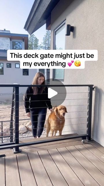 Rachel Hoch on Instagram: "Seamless design meets functionality with this custom sliding pocket gate! ✨🐕 When its open you cant tell its there, and its super easy to slide shut! This style gate prevented us from taking up precious deck space with a swinging gate, “hides” nicely when were not using it, and serves its purpose to keep our dogs on the deck! It’s not only functional and practical but a huge talking point when guests come over! This is in my top ten home features! 💁🏻‍♀️ ✨Follow for more custom home ideas✨ #fy #fyp #gate #deck #deckinspo #home #homedesign #homeinspo #newbuild #homefeature #homehacks #custom #customhome #pocketgate #dog #dogsofinstagram #top10" Gate On Deck Stairs, Deck Sliding Gate, Porch Gates For Dogs, Deck Gates Ideas Dogs, Front Porch Gate Ideas, Sliding Baby Gate, Dog Gate Outdoor, Deck Gate Ideas, Pocket Gate