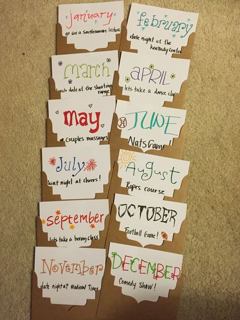 12 Dates A Year Ideas, 12 Months Of Dates Ideas, 12 Months Of Dates, A Year Of Dates, Anniversary Ideas For Him, Scavenger Hunt Birthday, Date Night Gifts, Boyfriend Gift Basket, Cute Date Ideas