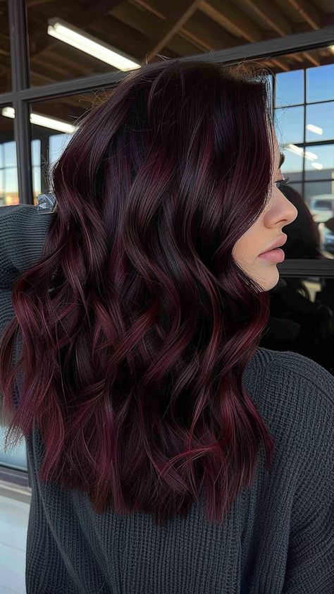 Dark Brown And Maroon Hair, Burgundy Hair With Balayage, Bold Burgundy Hair, Dimensional Dark Red Hair, Dark Hair With Maroon Highlights, Dark Raspberry Hair Color, Dark Deep Red Hair Color, Dark Red Hair With Red Highlights, Dark Mahogany Red Hair