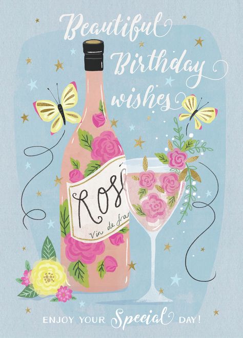 Happy Birthday wine / cocktail bottle of pink Rose Wine Wine Birthday Wishes, Wine Graphic, Happy Birthday Wine, Wine Birthday, Happy Birthday Rose, Beautiful Birthday Wishes, Birthday Greetings Friend, Happy Birthday Art, Happy Birthday Greetings Friends