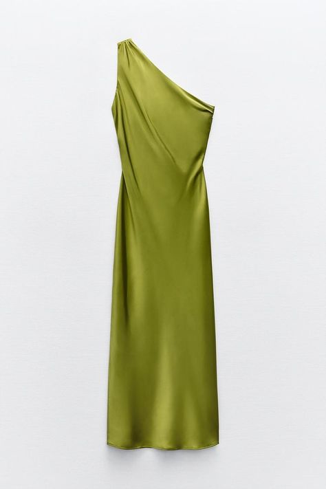 SATIN EFFECT ASYMMETRIC DRESS - Olive green | ZARA Canada Green Satin Dress, Lacey Dress, Asymmetric Dress, Zara Woman Dress, Dress Zara, Green Satin, Short En Jean, Satin Dress, Skorts