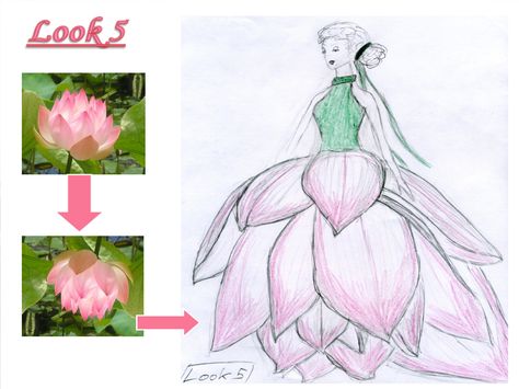 Look 5 is “Lotus” dress. This is the closing dress of my collection and is the most sophisticated model. The main accent of the following pattern is, of course, on its skirt, the view of which corresponds to real lotus flower. Lotus Flower Dress Design, Flower Petal Dress Drawing, Flower Inspired Dress Drawing, Lotus Inspired Dress, Flower Dress Art Drawings, Lotus Dress Design, Natural Motif Drawing, Flower Dress Drawing, Lotus Clothes