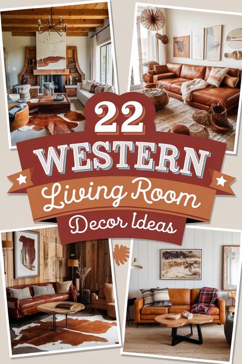 Western-themed living room decor featuring leather sofas, rustic elements, and cowhide rugs, with the text "22 Western Living Room Decor Ideas". Cowhide As Wall Art, American Indian Decor Living Room, Elk Hide Decor Ideas, Cowhide Pillows Living Rooms, Cowhide Rug Decor Ideas, Steer Horns Decor Living Rooms, Southwest Home Decor Ideas, Western Corner Decor, Western Lounge Room