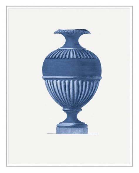 These beautiful Blue and White Italian Antique Roman Vases in Ultramarine Blue have such a quiet elegance, and a calm cooling effect grouped together above a sofa or above the bed. Centralized onto a neutral background to blend with the modern decor. Digitally re-loved from antique drawings Giving Roman Vase, Calm Living Room, Foyer Wall, Vase Wall, Greek Vases, Ultramarine Blue, Vase Art, Blue Art Prints, Art Office