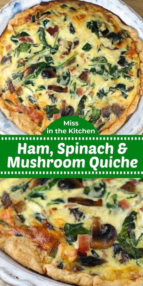 Ham Spinach Mushroom Quiche, Ham Swiss Spinach Quiche, Spinach Mushroom Quiche With Crust, Spinach Feta Mushroom Quiche, Ham Mushroom Quiche, Spinach Ham Quiche Recipes, Ham And Mushroom Quiche Recipes, Sausage Mushroom Spinach Quiche, Quiche Recipes With Mushrooms