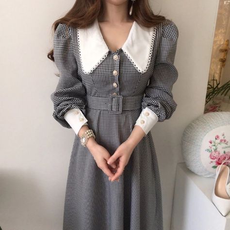 Long Sleeve Plaid Dress, Vogue Dress, Puff Long Sleeves, Design Clothes, Vestidos Vintage, Korean Dress, Puffed Sleeves Dress, Long Sleeve Plaid, Long Sleeve Midi Dress