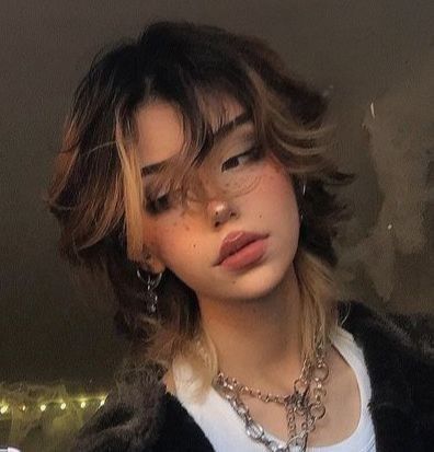 Neck Short Haircut, Shaggy Female Mullet, Hair Inspiration For Round Face, Short Haircuts With Highlights Brunettes, Short And Choppy Hairstyles, Stargirl Haircut, Goth Aesthetic Hairstyle, Died Wolfcut Hair, Medium Length Wolfcut Haircut With Bangs