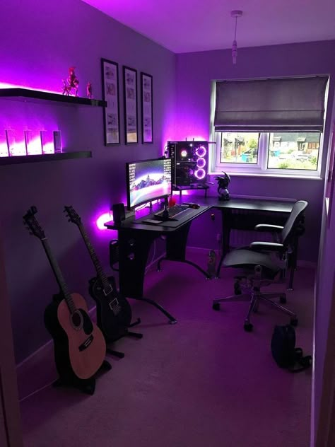 gaming setup #aesthetic #gaming #gamer #gamingsetup #purple | a r i e l : s e t • u p s Meme Music, Tech Room, Computer Gaming Room, Home Studio Setup, Gamer Room Decor, Music Studio Room, Video Game Room Design, Gaming Setups, Video Game Rooms