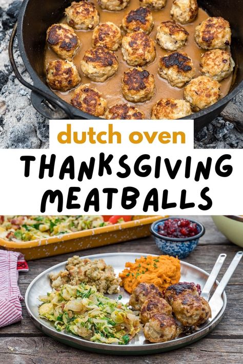 These Turkey Meatballs with stuffing and cranberries are a perfect way to bring Thanksgiving to your campsite! Detailed instructions to make these ahead and cook in a Dutch oven or skillet at the campsite. Thanksgiving Campfire Recipes, Thanksgiving Over A Campfire, Thanksgiving Camping Ideas, Thanksgiving Camping Meals, Campfire Thanksgiving Dinner, Camping For Thanksgiving, Thanksgiving Camping Food Ideas, Camping Thanksgiving Recipes, Campfire Thanksgiving