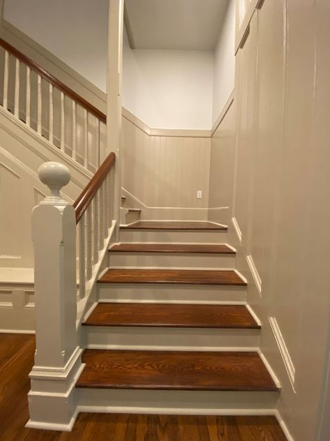 When it was time to renovate the stairwell, the central hub of this Queen Anne Style historic home, we preserved as many original features as possible.  Learn how. Staircase Beadboard, Beadboard Stairwell, Stairwell Wall, Shed Office, Staircase Ideas, Stair Remodel, Custom Chandelier, Queen Anne Style, House Details