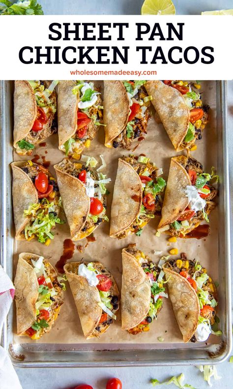 These Sheet Pan Chicken Tacos are stuffed with a delicious filling and baked in the oven until perfectly crispy. Add your favorite taco toppings for a fun and easy meal! Southwest Food, Oven Baked Tacos, Southwest Recipes, Taco Toppings, Baked Chicken Tacos, Shredded Chicken Tacos, Crispy Tacos, Sheet Pan Chicken, Mexican Tacos