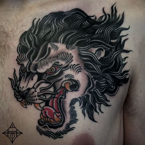 Lion Tattoo Japanese, Lion American Traditional Tattoo, Japanese Lion Tattoo Design, Traditional Lion Head Tattoo, Black And Grey Neo Traditional Tattoo, Neotraditional Lion Tattoo, Traditional Tattoo Lion, Old School Lion Tattoo, Lion Traditional Tattoo