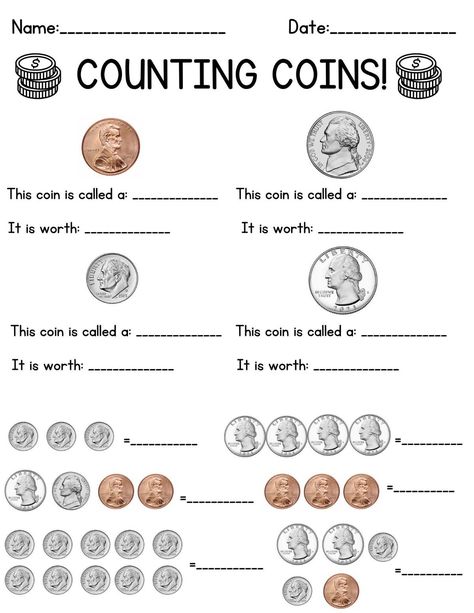 Counting Money Activities, Math Counting Worksheets, Money Learning, Prek Learning, Money Counting, Abacus Math, Preschool Assessment, Making Change, Fun Worksheets For Kids