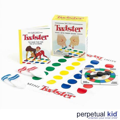 Perfectly portable, this nostalgic kit can be played anywhere and includes:

Mini Twister mat
Spinner
2 sets of mini tube socks for your fingers
Mini book with history, trivia, and the rules of MINI TWISTER
It's time to knuckle down and get this party started!

We give this game two enthusiastic thumbs up! And we mean that literally and figuratively! The spinner board gives instructions for:

Pointer Finger
Middle Finger
Ring Finger
Pinky Finger Twister Mat, Twister Game, Middle Finger Ring, Twist And Shout, Mini Twists, Sock Game, Traditional Games, Hobby Games, Classic Games