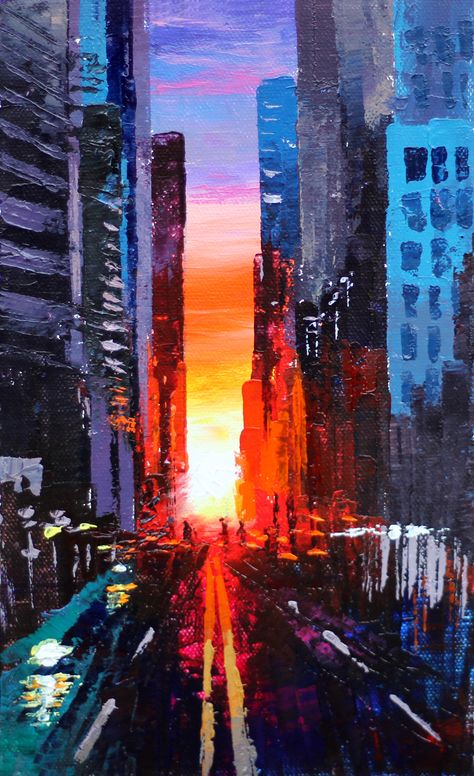 Abstract Sunset Cityscape Painting with palette knife for beginners / Acrylic painting tutorial step by step. Abstract Art Cityscape, Brushless Painting Ideas, Building Abstract Painting, Acrylic Painting New York, Abstract Sunset Painting Acrylics, Cityscape Art Painting, City Silhouette Painting, Acrylic Painting Knife, Urban Acrylic Painting