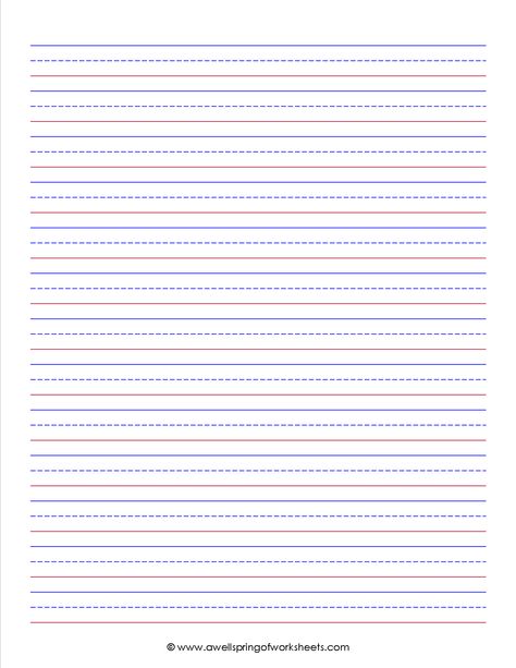 Primary Lined Paper - Portrait - See this page for lined paper of all different sizes - for kindergarten through 3rd grade. All lined paper has a blue top line, dashed mid line and red base line. English Four Line Page, English 4 Lines Sheet, Blue Red Blue Lines For Writing, Paper Lines Free Printable, Blue Lined Paper, Paper With Lines Printable, Kindergarten Lined Paper, Line Tracing Worksheets, Name Tracing Worksheets