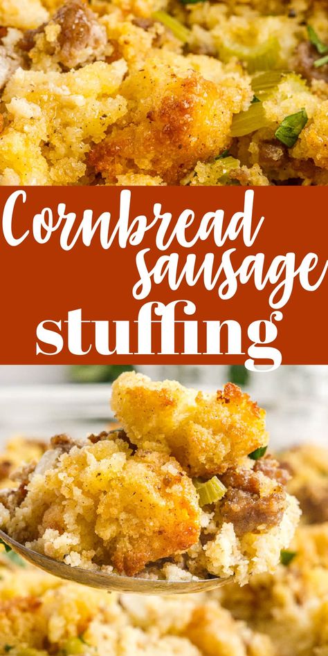 This cornbread sausage stuffing is a great holiday meal, but it's easy enough to whip up on weeknights too. Made with buttery cornbread, herbs, spices, and veggies, and tied together with the flavor of Italian sausage. Cornbread Sausage Stuffing, Homemade Stuffing Recipes, Buttery Cornbread, Cornbread Stuffing Recipes, Sausage Cornbread Stuffing, Sausage Stuffing Recipe, Dressing Recipes Thanksgiving, Dressing Recipes Cornbread, Cornbread Stuffing