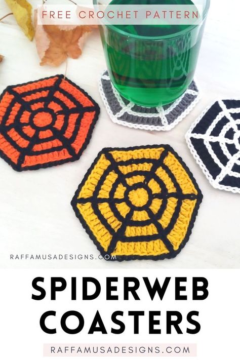 a set of 4 crocheted Halloween coasters in the shape of a spider web Spiderweb Crochet, Knitted Coasters, Fall Coasters, Décoration Table Halloween, Crochet Bralette Pattern, Skull Coasters, Halloween Coasters, Crochet Pour Halloween, Holiday Crochet Patterns