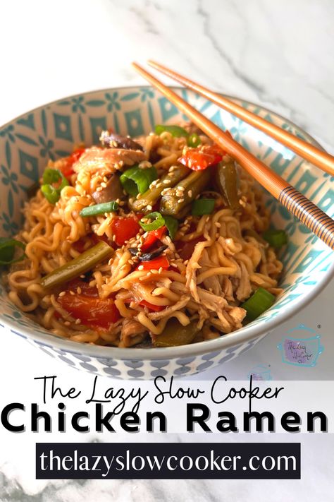 This one-pot slow cooker chicken ramen is so easy and scrumptious. It has succulent chicken and ramen noodles in a savory broth. You will be impressed by this simple and amazing crockpot meal. Ramen Slow Cooker, Slow Cooker Chicken Ramen, Chicken And Ramen, Best Ramen Recipe, Slow Cooker Chicken Dishes, Asian Noodle Soup, Chicken Ramen Noodle Recipes, Pulled Turkey, Easy Crockpot Soup