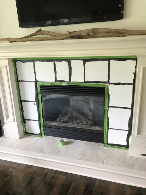 How to Paint Tile Around A Fireplace, DIY, Fireplace Makeover, painted tile Painted Tile Fireplace Before And After, Color Fireplace Painted, Paint Tile Around Gas Fireplace, Painted Black Tile Fireplace, Painted Ceramic Tile Fireplace, Black Tile For Fireplace, Can You Paint Tile Around Fireplace, How To Remove Tile From Fireplace, Redoing Fireplace Ideas Tile