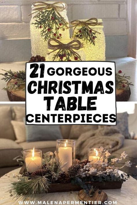 christmas table centerpieces - examples of different christmas centerpiece ideas for dining table and coffee table that are elegant and easy to diy Cute Christmas Centerpieces Easy Diy, Diy Christmas Decorations Centerpieces, Simple Christmas Centre Pieces, Easy Diy Christmas Table Decor, Dining Table Christmas Centerpiece Ideas, Christmas Centerpiece For Coffee Table, Centre Piece Christmas, Christmas Centerpieces Candles, Xmas Table Centrepieces