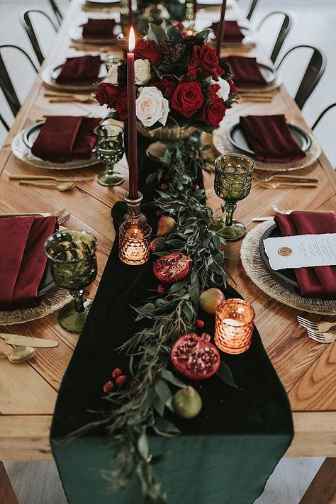 'Velvet Dream' Dark, Moody and Luxurious Wedding Inspiration - Boho Wedding Blog Moody Winter Tablescape, Elegant Black Table Setting, Dark Moody Thanksgiving, Burgundy And Gold Wedding Reception Wedding Table Decor, Edgy Wedding Centerpieces, Velvet Christmas Table Setting, Emerald Plum And Burgundy Wedding, Pomegranate Table Setting, Wine Red Table Setting