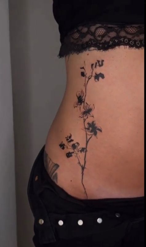 Tattoo That Goes Around Arm, Good Thigh Tattoos, Hipbone Tattoos For Women, Side Vine Tattoos Women, Pretty Lower Back Tattoos, Alt Spine Tattoos, Hip Tattoos Women Flower, Women Torso Tattoo, Womans Chest Tattoo