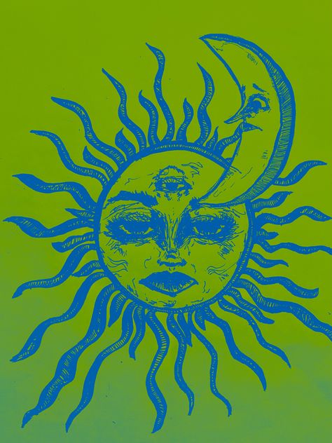 Photo of moon and sun in green and blue- artwork by me. Will send digital copies via email if needed. Full artwork is not displayed in the thumbnail. Vintage Sun And Moon Art, Blue And Green Prints, Photos To Put On Your Wall, Hippy Artwork, Colorful Boho Aesthetic, Vintage Sun Art, Sun Art Aesthetic, Green Photo Wall, Blue And Green Aesthetic