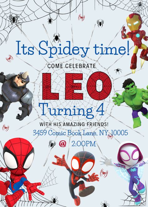 Its Spidey time... celebrate with Spidey and his amazing friends with this Invitation! This Is a Digital printable that comes with an instant downloadable PDF with the link to your Spidey invitation Template.  Editing of the invitation is completed by YOU the buyer. This template is editable using the free version of Canva to make it your own and make changes as needed to personalize for your party. How to place your order: Step 1. Purchase the Template on my ETSY shop. Step 2. Download the PDF Spider Man 3rd Birthday Party Invite, Marvel Spidey And His Amazing Friends Birthday Invitation, Spidey Party Invitation, Spidey And His Amazing Friends Invite, Spidey And Friends Party Food, Spidey Invitations Free Template, Spidey And Friends Birthday Party Decorations, Spidey 2nd Birthday Party, Spiderman And Friends Birthday Party