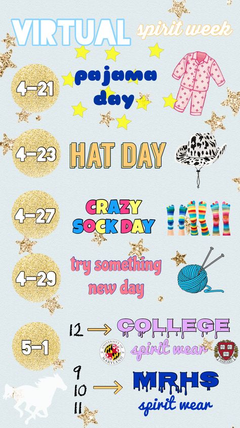 School Theme Days Ideas, Spirit Day Themes Elementary, Easter Spirit Week Ideas, Preschool Spirit Days, Spirit Week Poster Ideas, Color Day Spirit Week, Sprit Week Themes, Spirt Days Ideas, Spirit Week Outfit Ideas