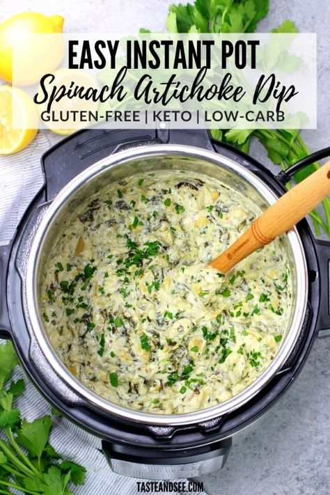 Instant Pot Spinach Artichoke Dip, Instant Pot Spinach, Artichoke Dip Easy, Spinach Artichoke Dip Easy, Spinach Artichoke Dip Recipe, Cheesy Appetizer, Crock Pot Dips, Spinach Dip Recipe, Artichoke Dip Recipe